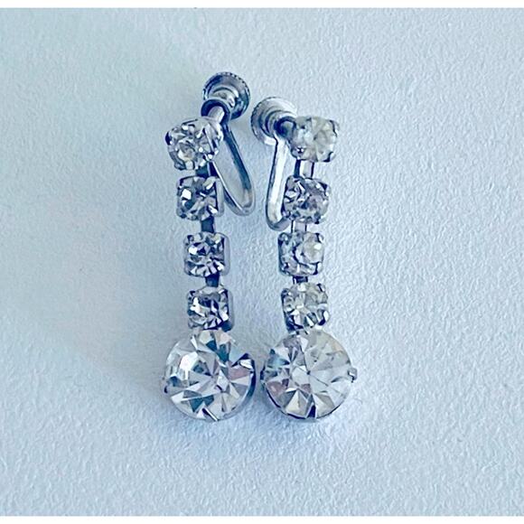 Vtg MCM Rhinestone Drop Dangling Screw-back Earrings, Bride Prom Formal Special - Picture 2 of 8